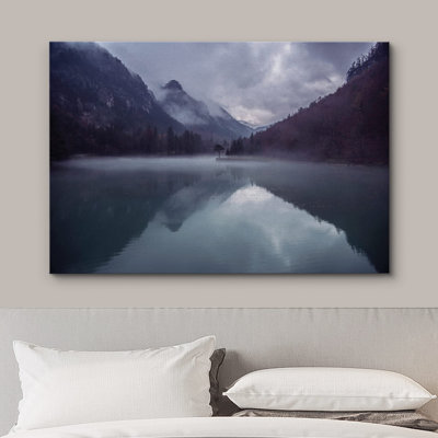 Lake River Landscape " Dark Blue Purple Misty Mountain Reflections "