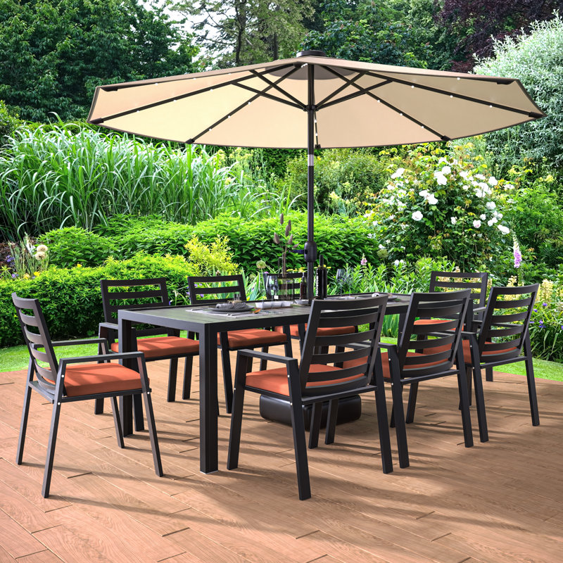 Letendre 9-Piece Outdoor Dining Set Rectangular Dining Table with Slats and 8 Arm Chairs in Aluminum, Orange