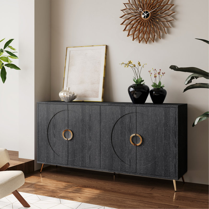 Buffet moderne à 4 portes en bois laqué avec buffet, Noir patiné
