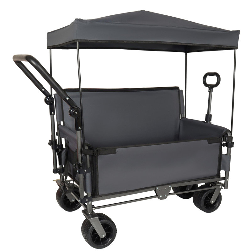 Chariot pliant 3-en-1 avec banquette, auvent et rangement, Gris