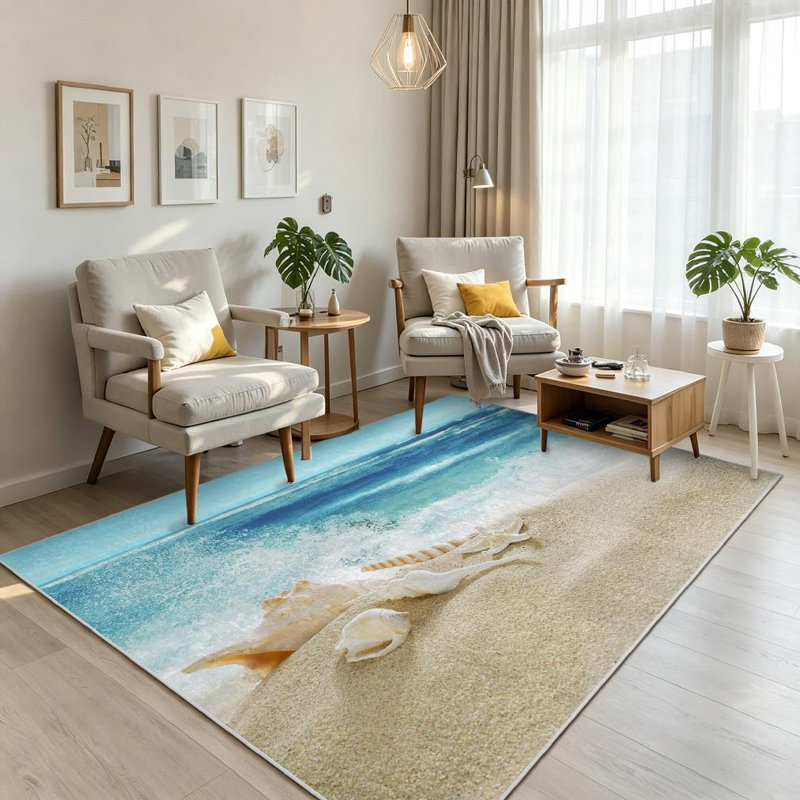 Tapis d'intérieur transparent plage lavable à la machine, vagues tropicales et vagues éclaboussantes, Rectangle 71 po x 98 po