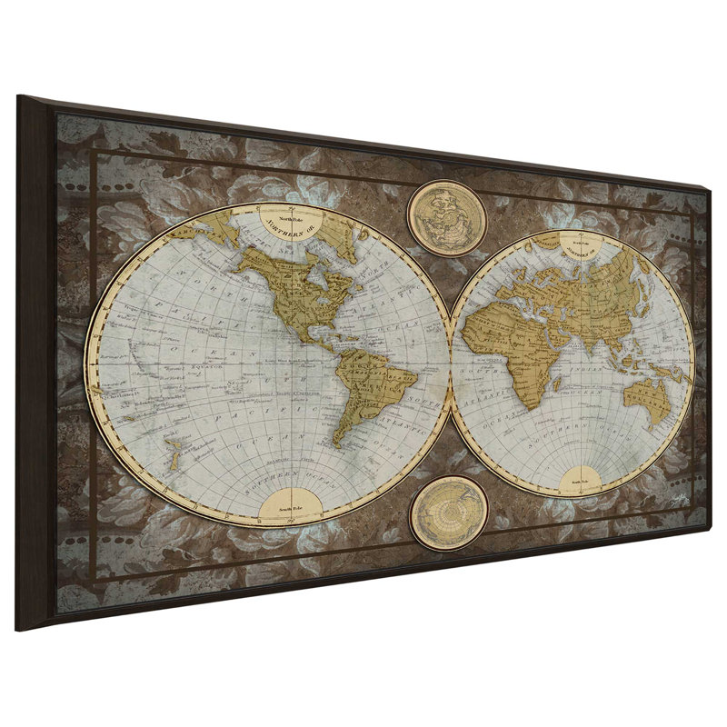 «World Map», impression, H 27,5 po x l 43,5 po x P 2 po, Cadre flottant espresso