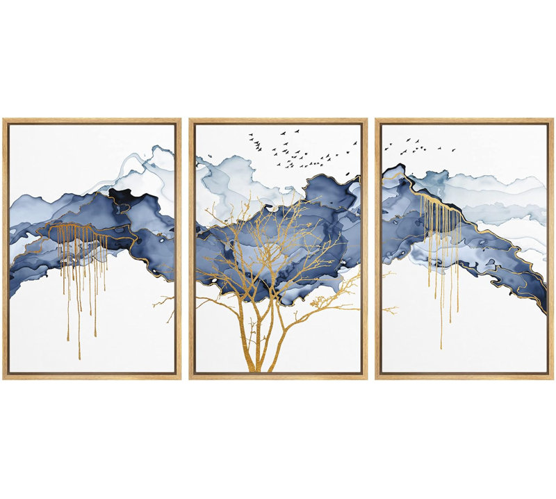 Abstrait, paysage abstrait, peinture pastel bleue, nuage, oiseaux, arbre d'or, illustrations abstraites, art moderne, paysage rustique
