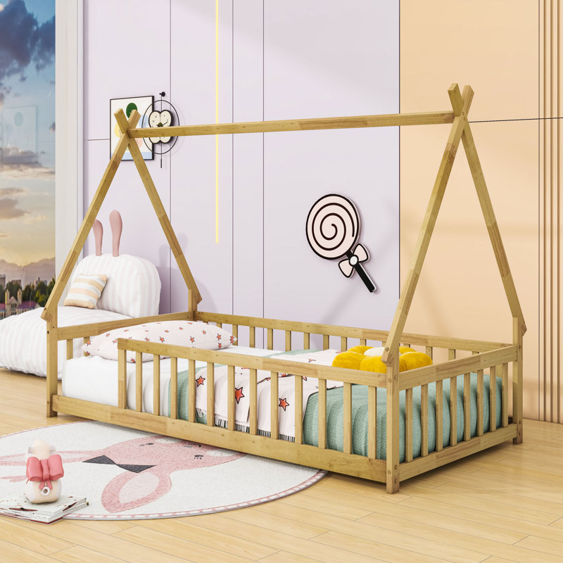 Twin Bed With Guardrails And Slats, Natural