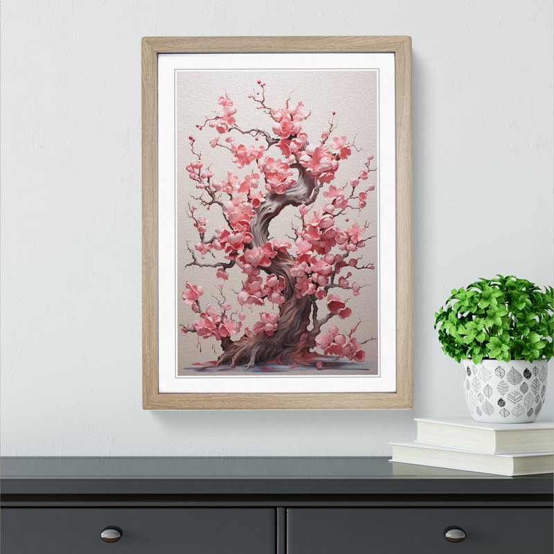 Cherry Blossom Tree Dadaism - Single Picture Frame Print on Wood, 64cm H x 46cm W x 2cm D, Oak Framed