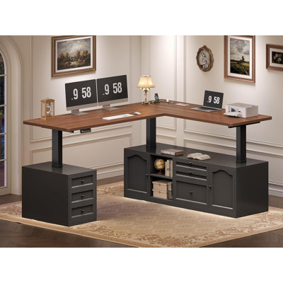 Traditional 69" L-Shaped Standing Desk with Storage Cabinets and Outlets, Black Brown