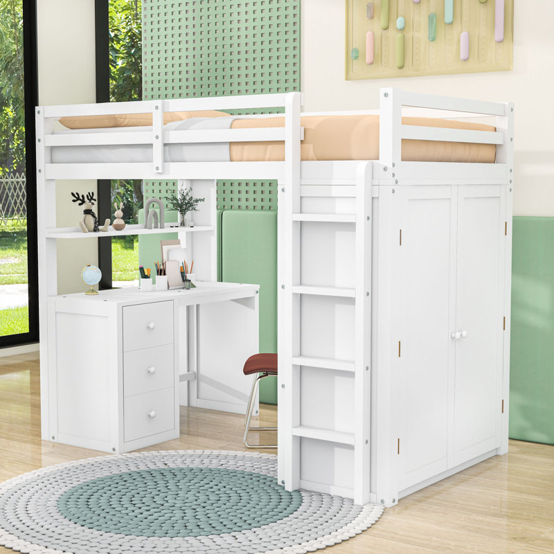 Loft Bed With Desk, Drawers, And Wardrobe, Twin, White