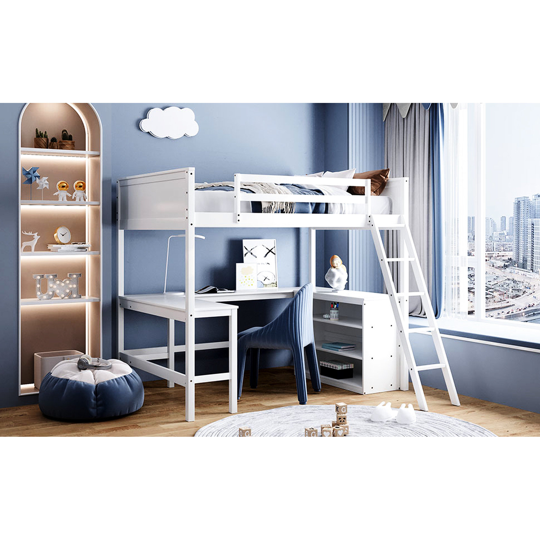 Harriet Bee Full Size Loft Bed With Shelves And Desk In White, Utilize