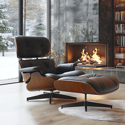 Mid Century Genuine Leather Recliner Lounge Chair with Ottoman and Solid Wood Frame for Living Room, Study Room, Guest Room 