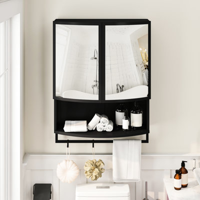 Élégante armoire à deux portes en verre arqué noir de 23,03 po, miroir incassable, tablette ouverte, porte-serviettes, maison, garde-robe moderne avec rangement spacieux, rangement en couches, design, matériaux,