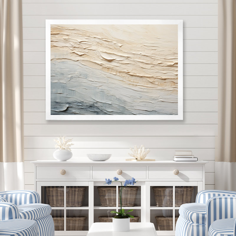 Décoration murale moderne bord de mer beige et gris I - Océan côtier, Cadre simple blanc, H 30 po x l 40 po x P 1,5 po