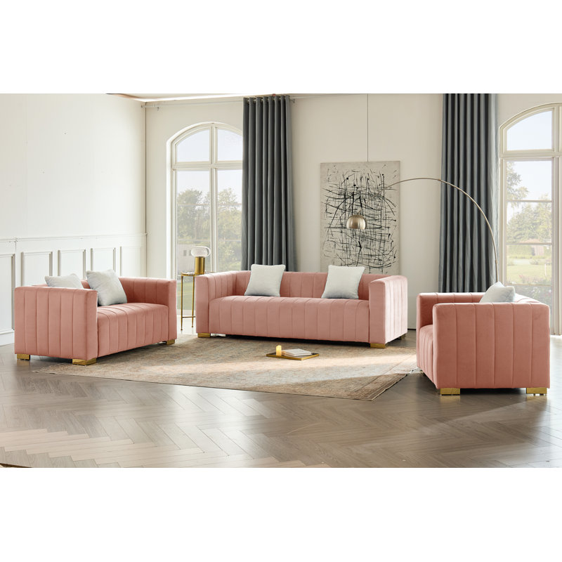 Ensemble de salon en velours 3 pièces Clifford, Pink, Doré