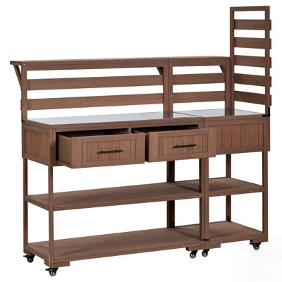 Solid Wood Patio Kitchen Island With Stainless Steel Top, Raised Shelf, And Drawers For BBQ And Outdoor Entertaining