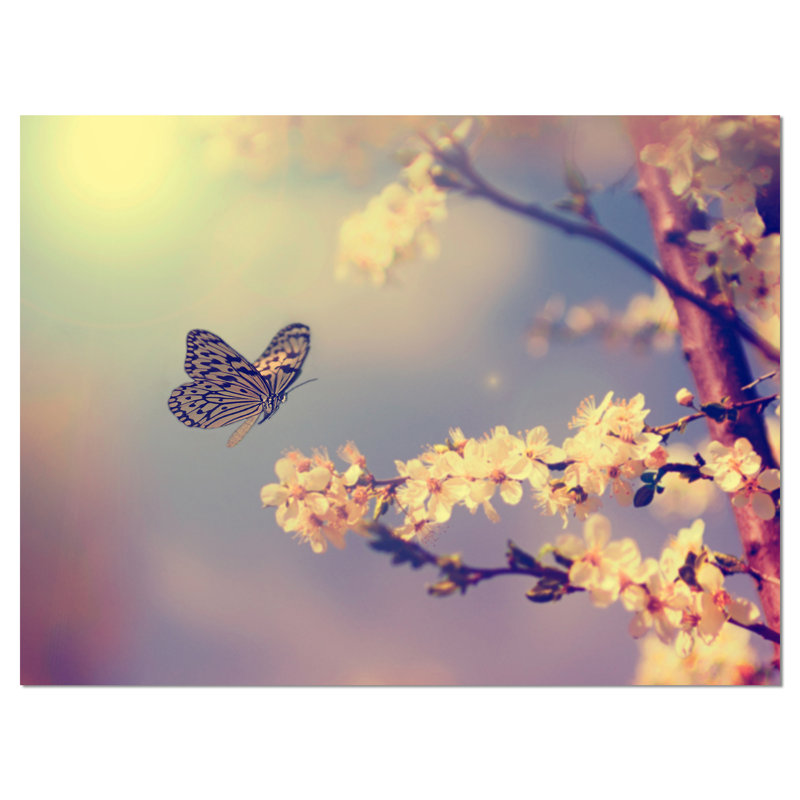 «Vintage Butterfly with Flowers», reproduction de photo sur toile tendue, H 30 po x l 40 po x P 1 po