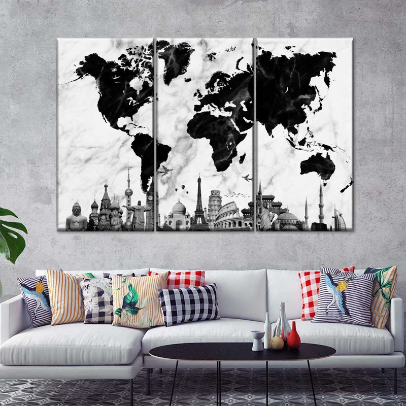 " Marble World Map " by Finnian P 3 - Pieces, 24" H x 38" W x 1.25"