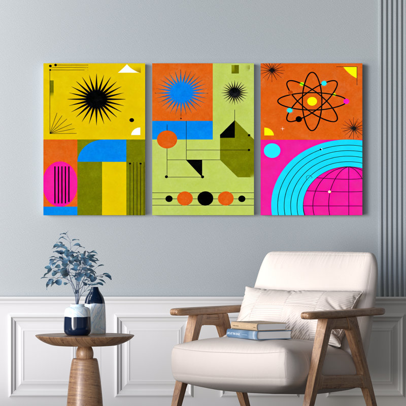 Ensemble de 3 toiles murales imprimées, formes géométriques abstraites et design atomique, H 30 po x l 60 po