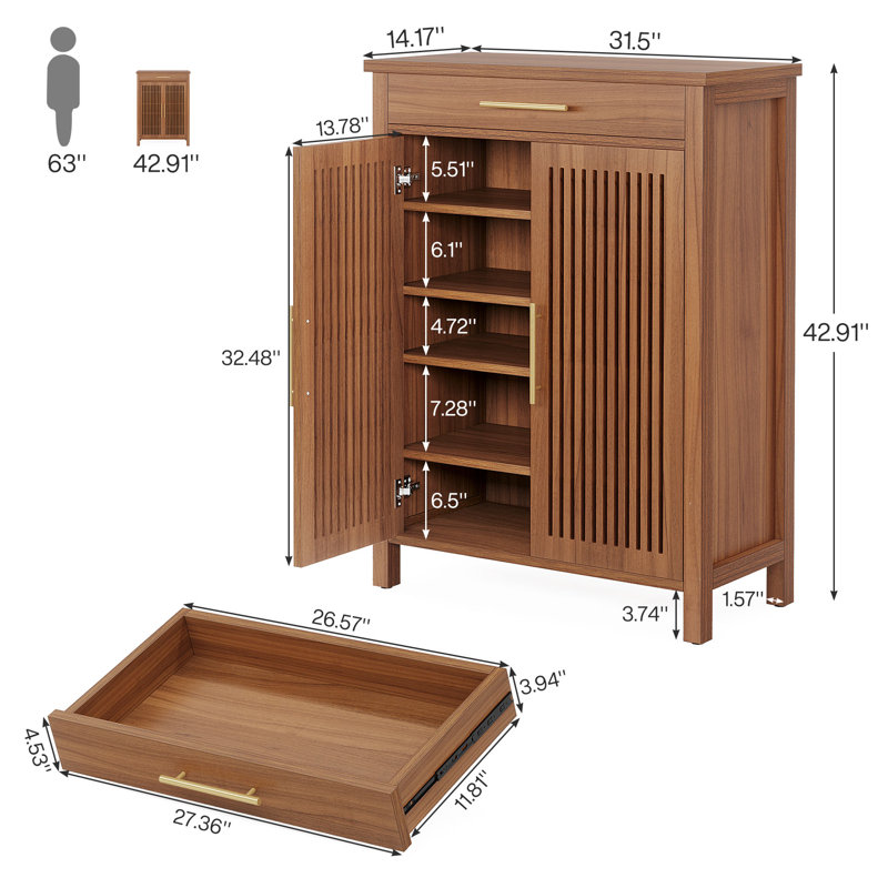 5-Tier Shoe Storage Cabinet With Doors And Drawer, Freestanding Wooden Shoe Rack Organizer For Entryway, Hallway, Close