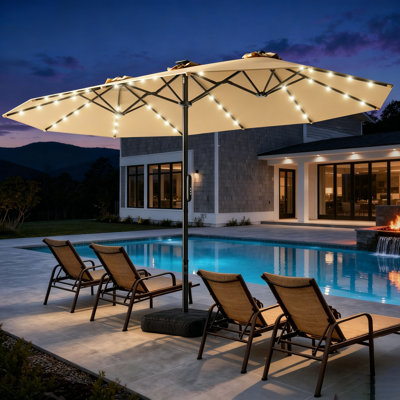 15FT Motorized Electric Large Patio Umbrella with Base and Solar Lights Outdoor, Double-Sided Rectangle Umbrella with Remote Control, 30° Auto-Open for Pool Deck Table Market Backyard, Beige