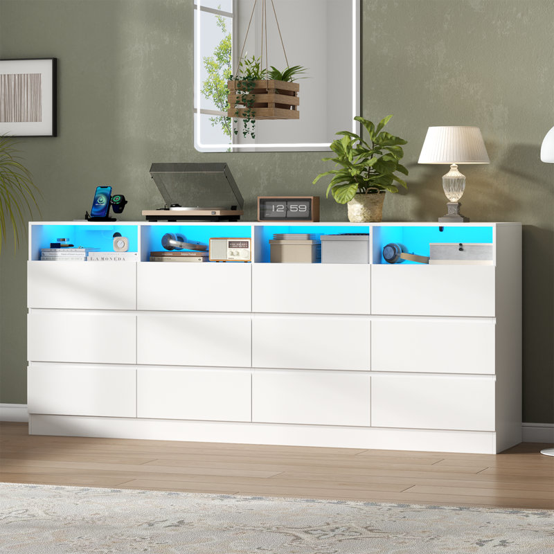 White 12-Drawer Dresser with Charging Station and LED Lights