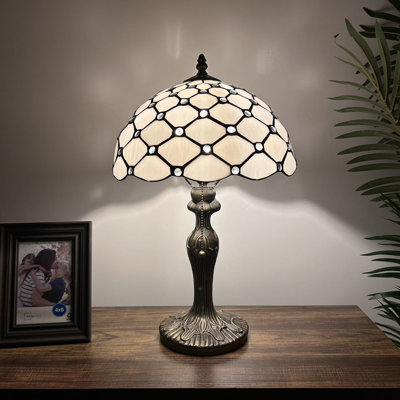 Varga Tiffany Table Lamp White Stained Glass Crystal Beans LED Bulb Included 12"W*12"D*19"H