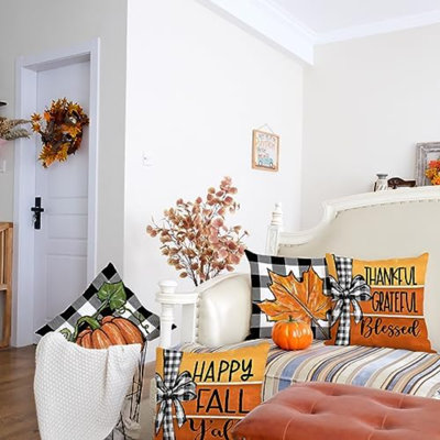 Fall Pillow Covers 18 x 18 Inch Set of 4, Buffalo Bowknot Pumpkin Maple Leaf Decorative Throw Cushion Cases Farmhouse Thanksgiving Decor Indoor Decoration for Home Sofa Couch (Orange)