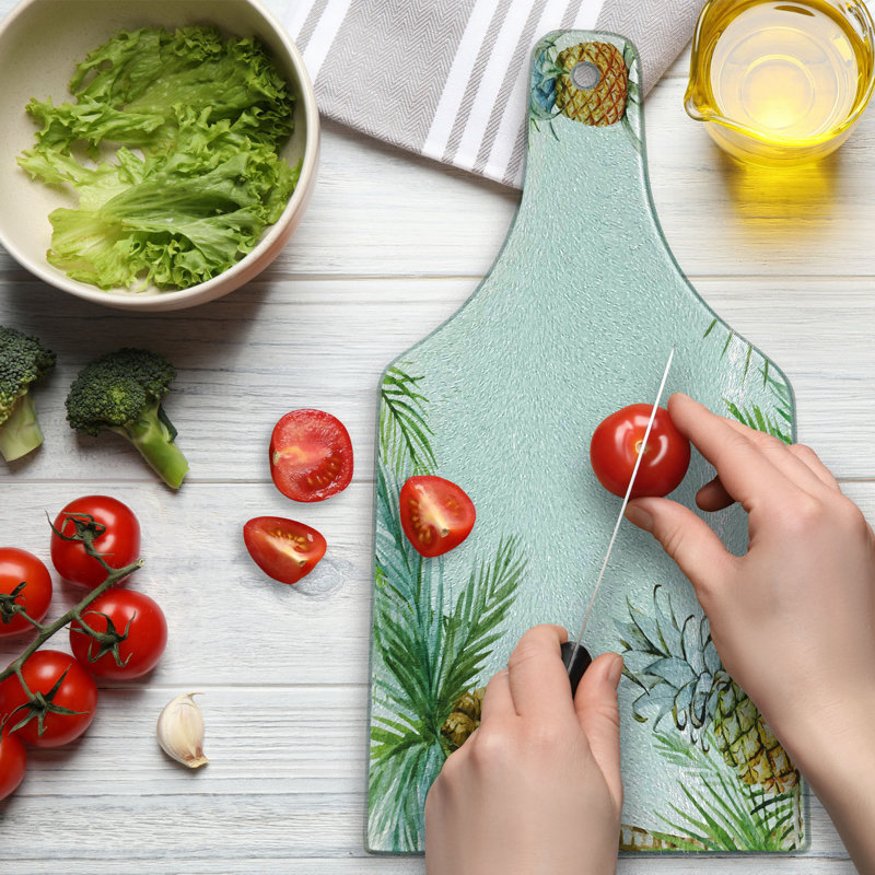 Ambesonne Tropical Tempered Glass Cutting Board Frame Style Palm Trees Multicolor