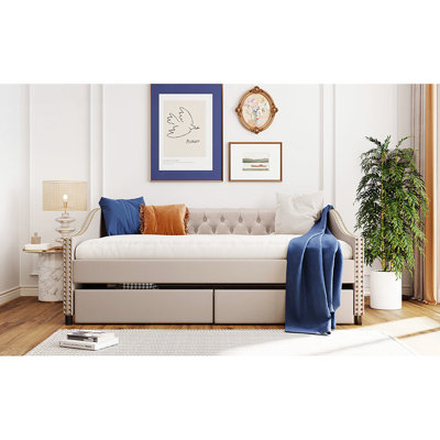 Beige Upholstered Daybed With Two Practical Drawers & Stable Wood Slat Frame - Upgrade Your Home's Comfort Full Size Strong Base Make Bedroom Cozy