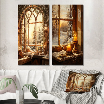 «Christmas Winter Window View I - Winter Landscape», ensemble de 2 impressions sur toile