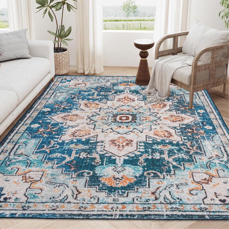 Area Rug Vintage Bohemia Large Persian Non-Slip Washable Rug For Living Room Kitchen Bedroom Living Room Flower Design