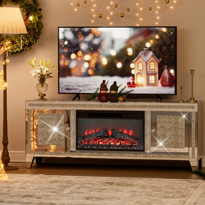 Electric Fireplace TV Stand For 65" TV, Mirrored TV Stand With 7 Colors, 3D Realistic Flame, 2 Cabinets