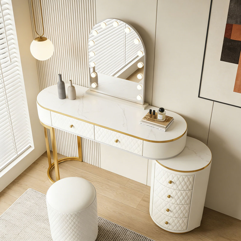 Makeup Vanity Desk with 3-Color LED Mirror & Stool, Adjustable Length Vanity Table with Movable Side Cabinet, 6 Drawers Storage, Marble-Look Sticker Top, PU Leather Drawers, Gold Stainless Stee