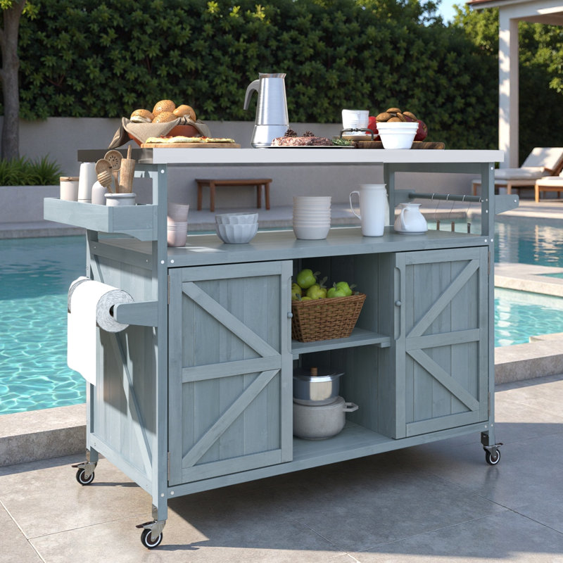 Îlot de cuisine extérieur avec armoire de rangement, plateau en acier inoxydable, support à épices et porte-serviettes