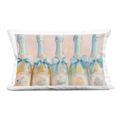 Pastel Blue Champagne Bottles Decorative Printed Throw Pillow, design by Petal Prints Design