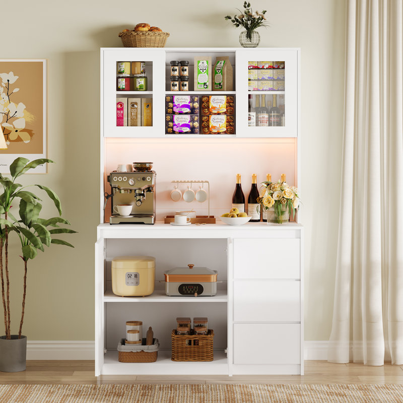 Grand garde-manger autoportant moderne avec tablettes réglables, portes en verre, tiroirs, huche de rangement pour salle à manger, blanc