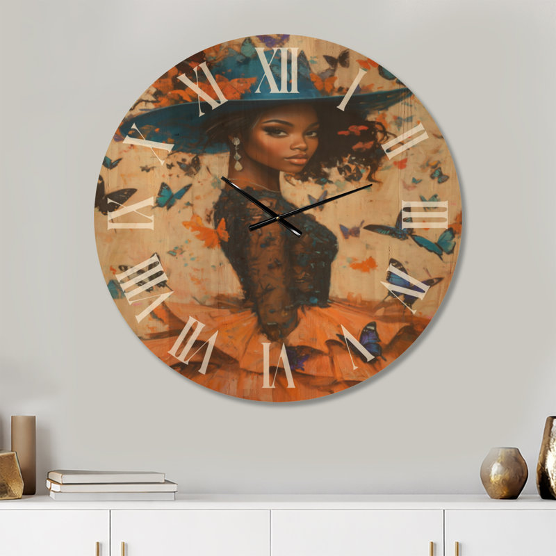 Horloge murale ronde glamour Butterfly Garden Belle, imprimée sur bois, Extra Large