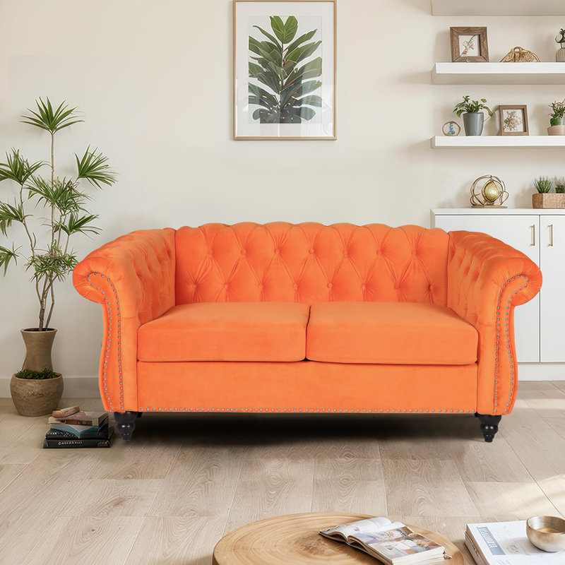 Johnette 62'' Velvet Rolled Arms Chesterfield Sofa, Orange Velvet