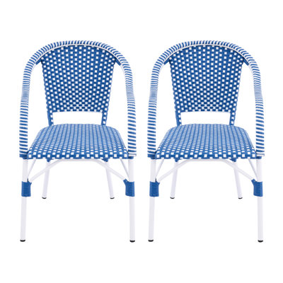 Chaises de bistro d'extérieur, chaises de patio avec cadre en aluminium, fauteuils en rotin PP résistant aux intempéries pour porche, jardin, cour, café (ensemble de 2), blanc + bleu