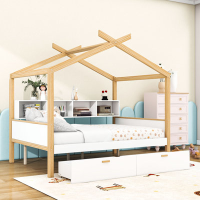 Wood House Bed With Two Drawers And Storage Shelves