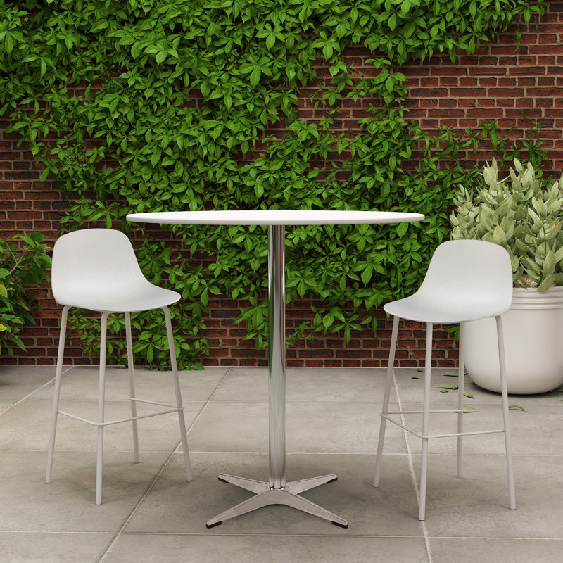Modern Dining Table Set For 2, 3 Piece Dinette With White Pp Barstools For Home, Apartment, White Wood Top, Sliver Base