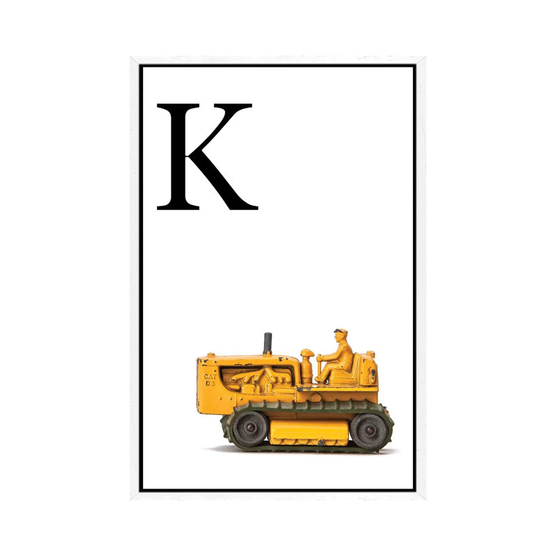 K Bulldozer Yellow White Letter - Print on Canvas, 66.04 cm H x 45.72 cm W, White Framed