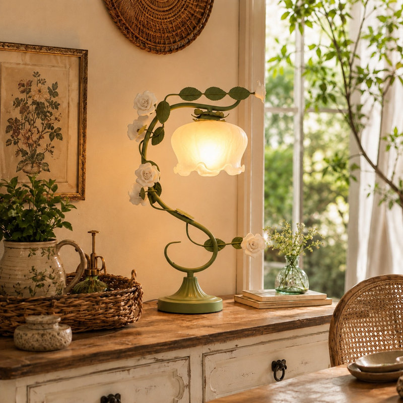 21 ''High Floral Table Lamp,  Led Desk Lamp, Floral Bionic With Glass Lamp Shades Rose, For Bedroom, Office, Living Room