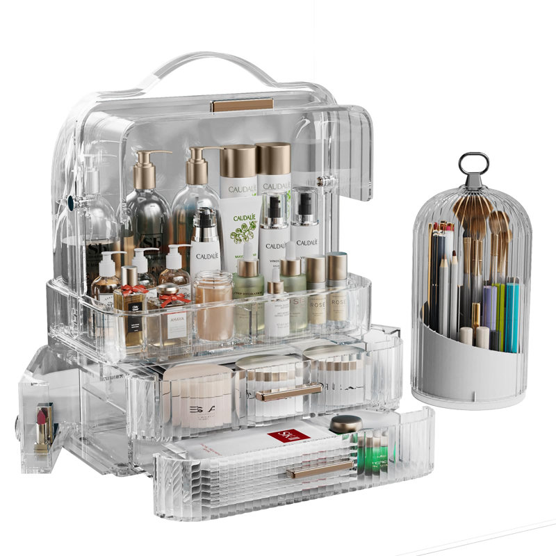 Orren Ellis Makeup Organizers Skincare Organizers With 2-Layer Box And Transparent Cover Waterproof Dustproof Cosmetics Display Cases With Brush Holder For Vanity Countertop Bathroom Dresser Bedroom(Clear)