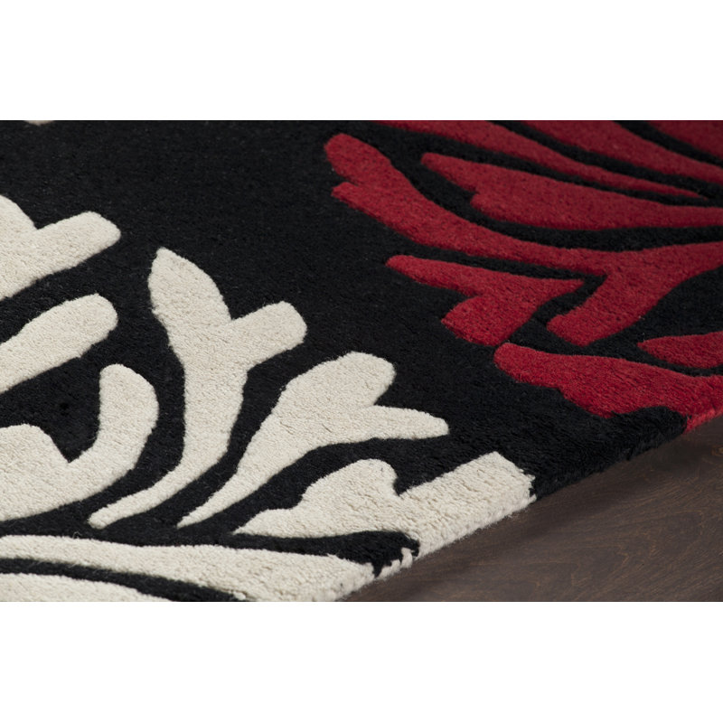 Très grand tapis contemporain en laine à motif floral touffeté à la main noir, rouge et blanc Medford Authentic, 5 pi x 7 pi