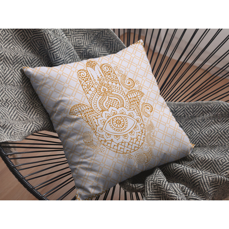 Gold and Gray 16" Faux Suede Hamsa Hand Throw Pillow