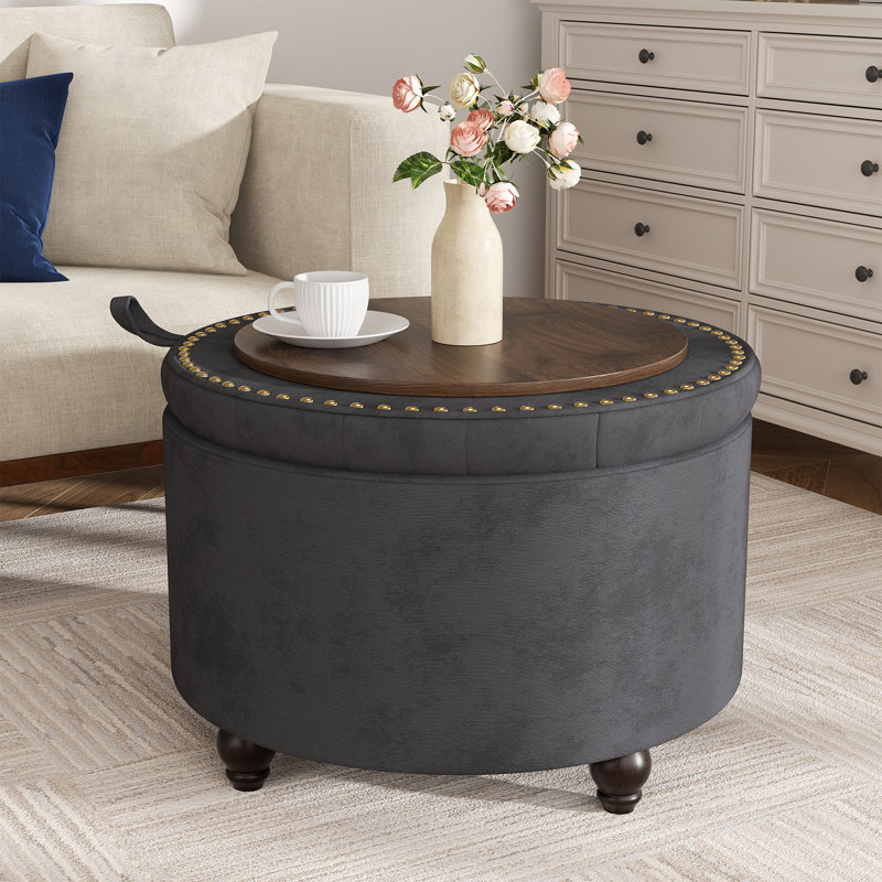 Button-Designed Upholstered Ottoman With Storage, Dark Gray