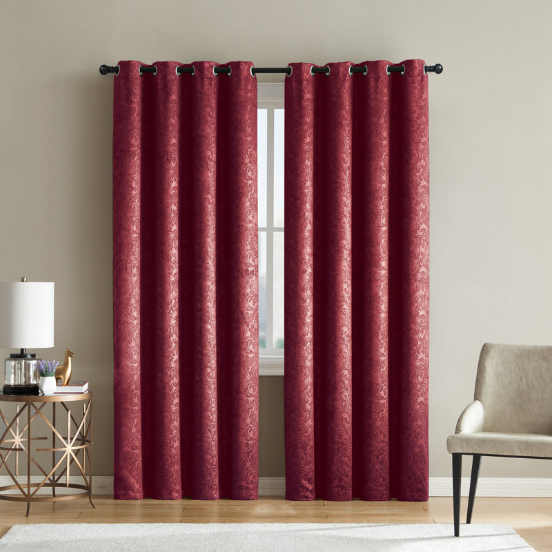 Jamie Embossed Scroll Grommet Blackout Curtain Panel, 55" W x 90" L, Red