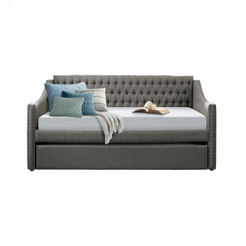 Canapé-lit moderne capitonné en tissu gris foncé de conception moderne avec lit gigogne et garniture cloutée