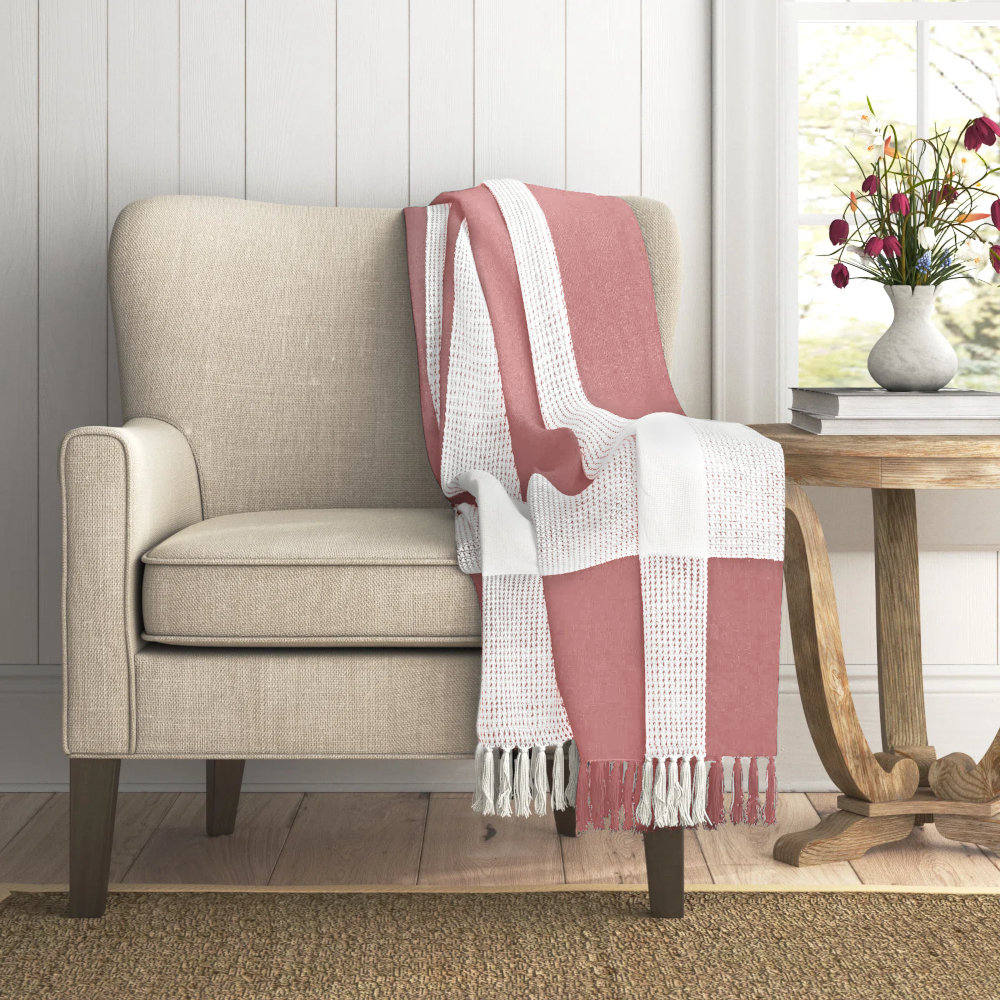 Plaid Cotton Throw Blanket, Pink