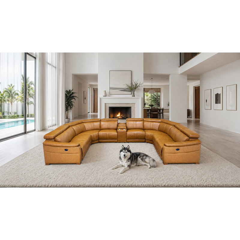 Maltrage Leather Match Large Seating Power Recliner Sectional, Ginger Leather Match