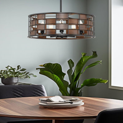 17" 5-Light Modern Chic Drum Chandelier, Walnut Wood Finish Panel Accents + Black Finish